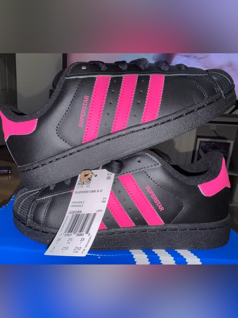 Adidas Superstar II C Kids Size 3 Black Pink Sneakers NWT Shell Toe